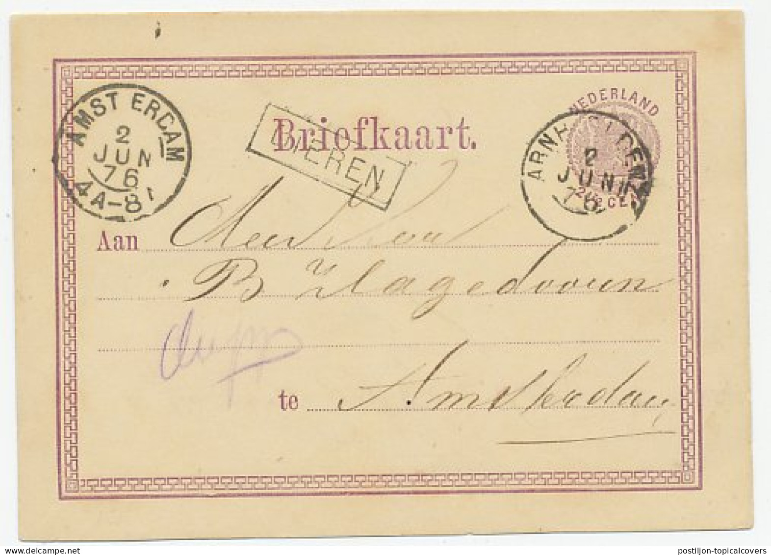 Trein Haltestempel Dieren 1876 - Storia Postale