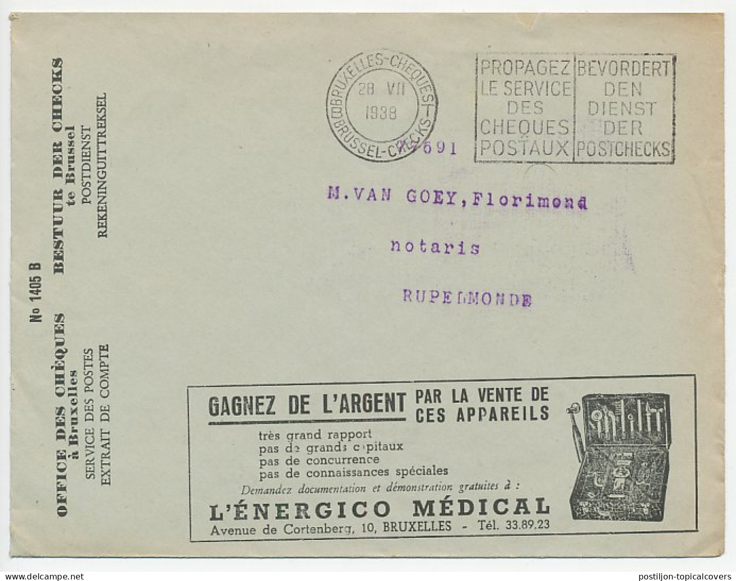 Postal Cheque Cover Belgium 1938 Ferry Boat - Oostende - Dover - Medical Instruments  - Ships