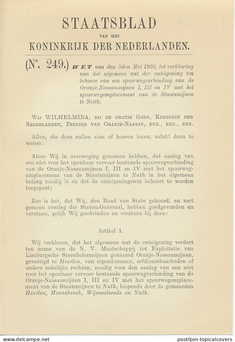 Staatsblad 1933 : Spoorlijn Oranje Nassaumijnen - Nuth - Historische Documenten