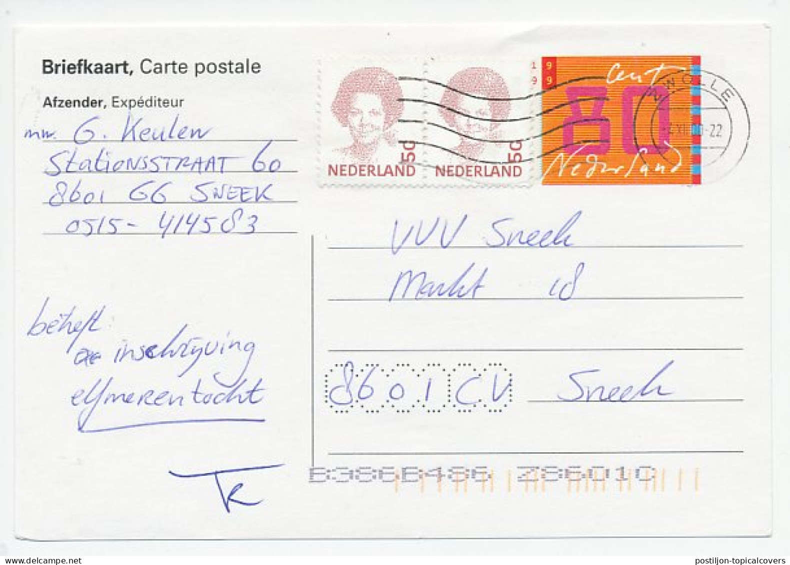 Briefkaart Sneek 2000 - Bijfrankering Betaling Schaatstocht - Andere & Zonder Classificatie