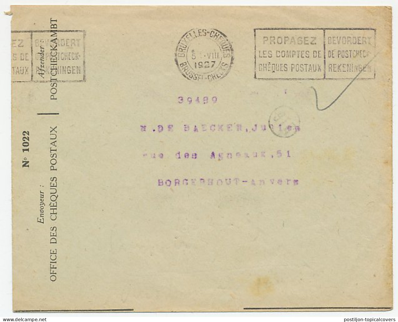 Postal Cheque Cover Belgium 1927 Furniture - Non Classificati