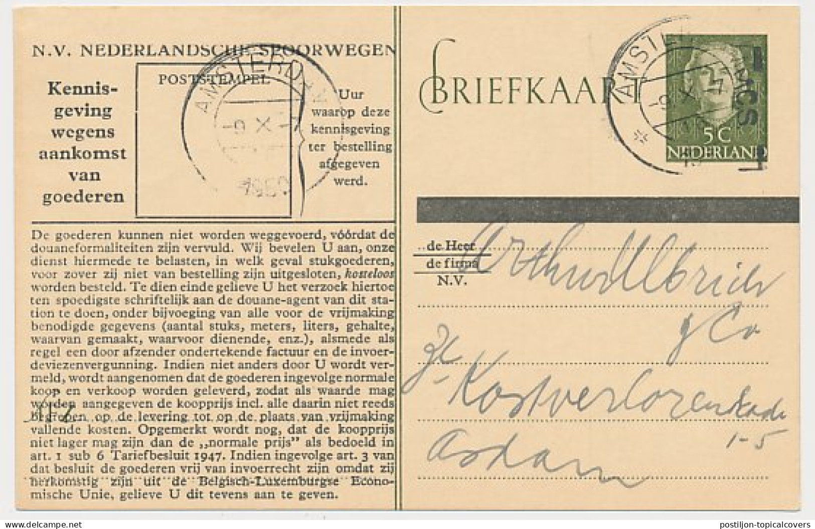 Spoorwegbriefkaart G. NS300 C - Locaal Te Amsterdam 1950 - Postwaardestukken