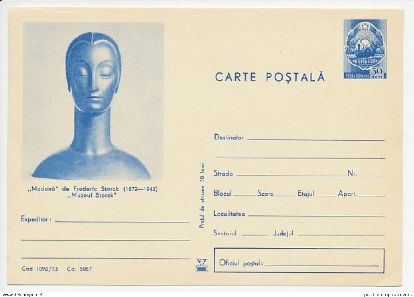 Postal Stationery Rumania 1973 Frederic Storck - Madonna - Beeldhouwkunst