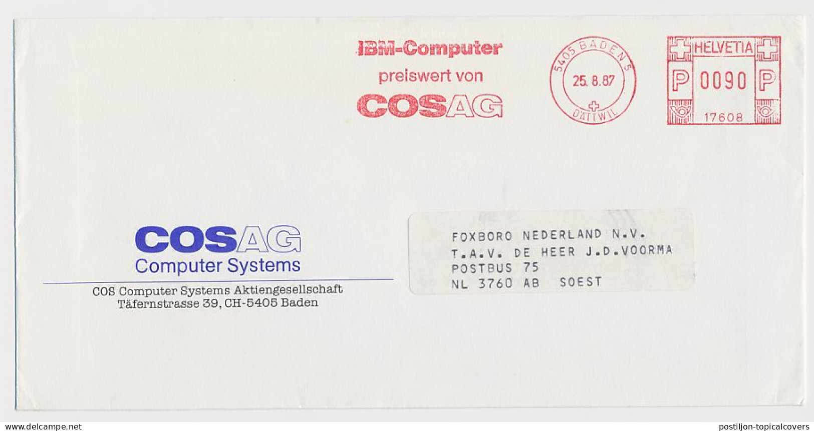 Meter Cover Switzerland 1987 IBM Computer - Informatique