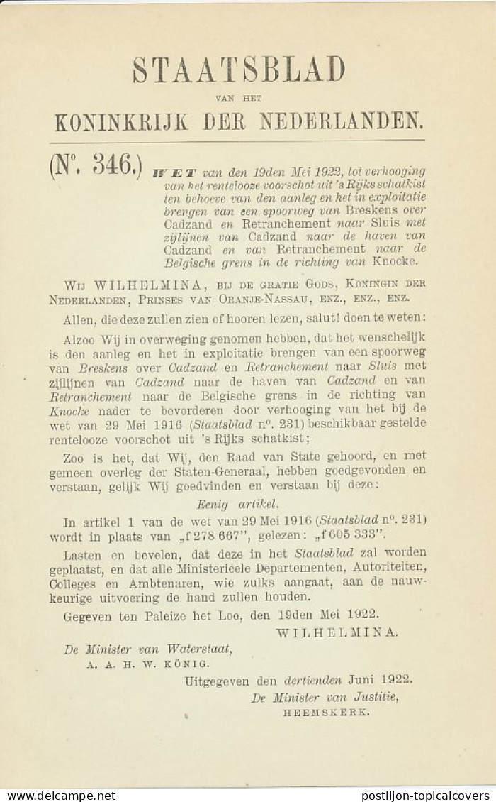 Staatsblad 1922 : Spoorlijn Breskens - Sluis Enz.  - Historical Documents