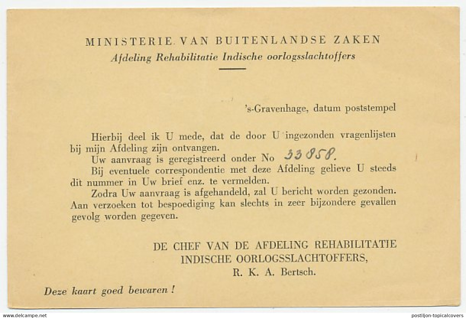 Dienst Den Haag 1954 - Rehabilitatie Indische Oorlogsslachtoffer - Sin Clasificación