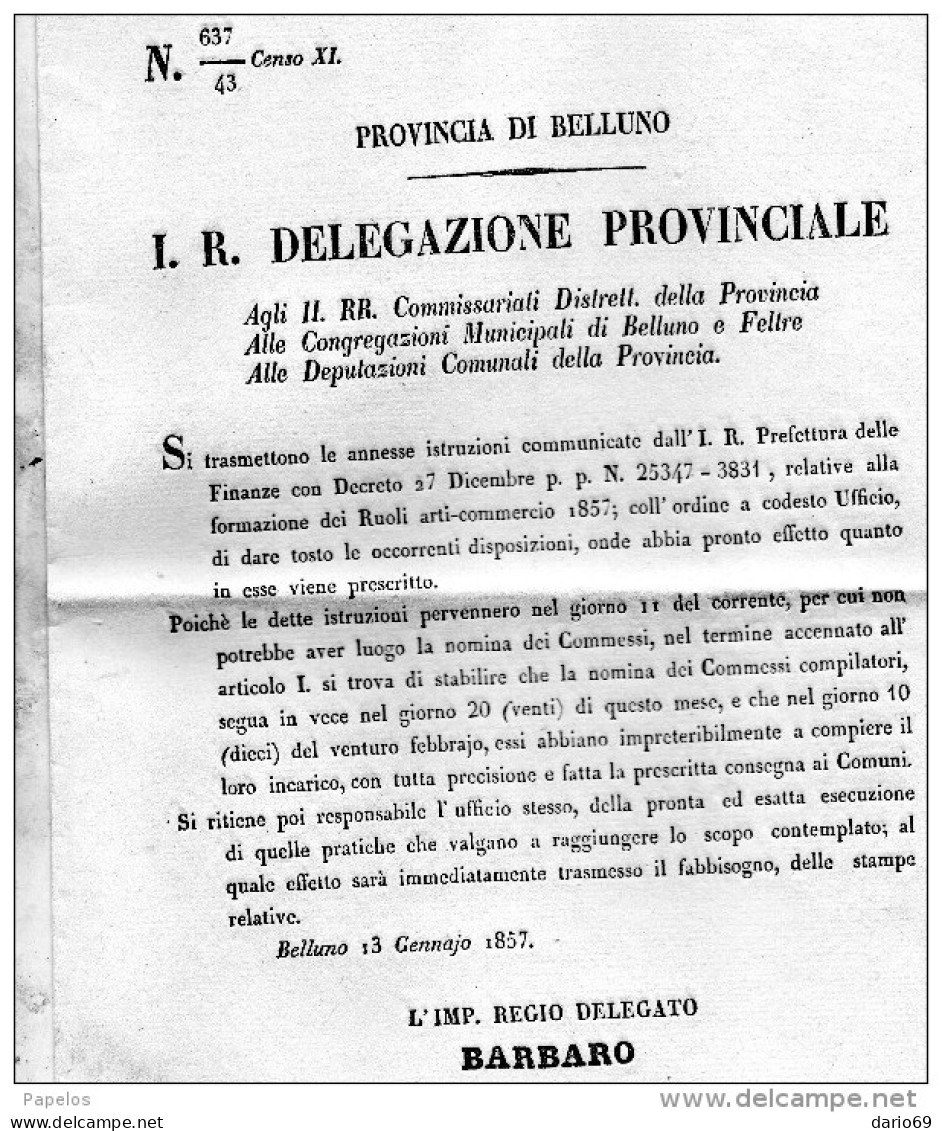 1857 BELLUNO - Decrees & Laws