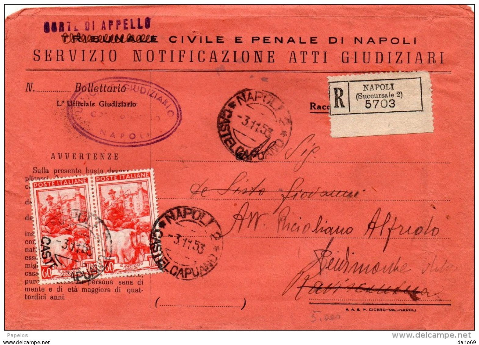 1953  LETTERA RACCOMANDATA  CON ANNULLO NAPOLI 2 CASTEL CAPUANO - 1946-60: Marcofilie