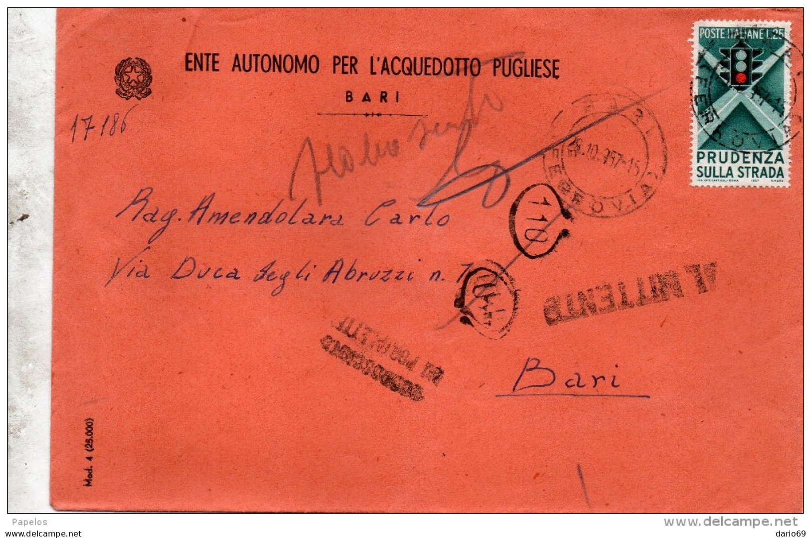 1957 LETTERA CON ANNULLO BARI - 1946-60: Marcophilie