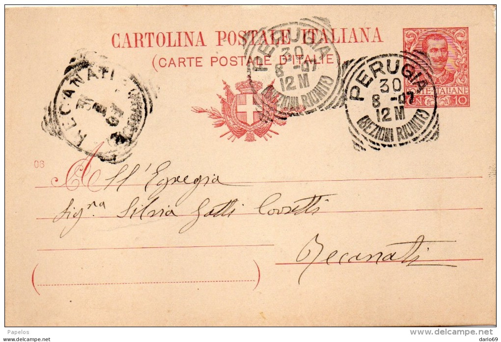 1907  CARTOLINA CON ANNULLO PERUGIA - Stamped Stationery