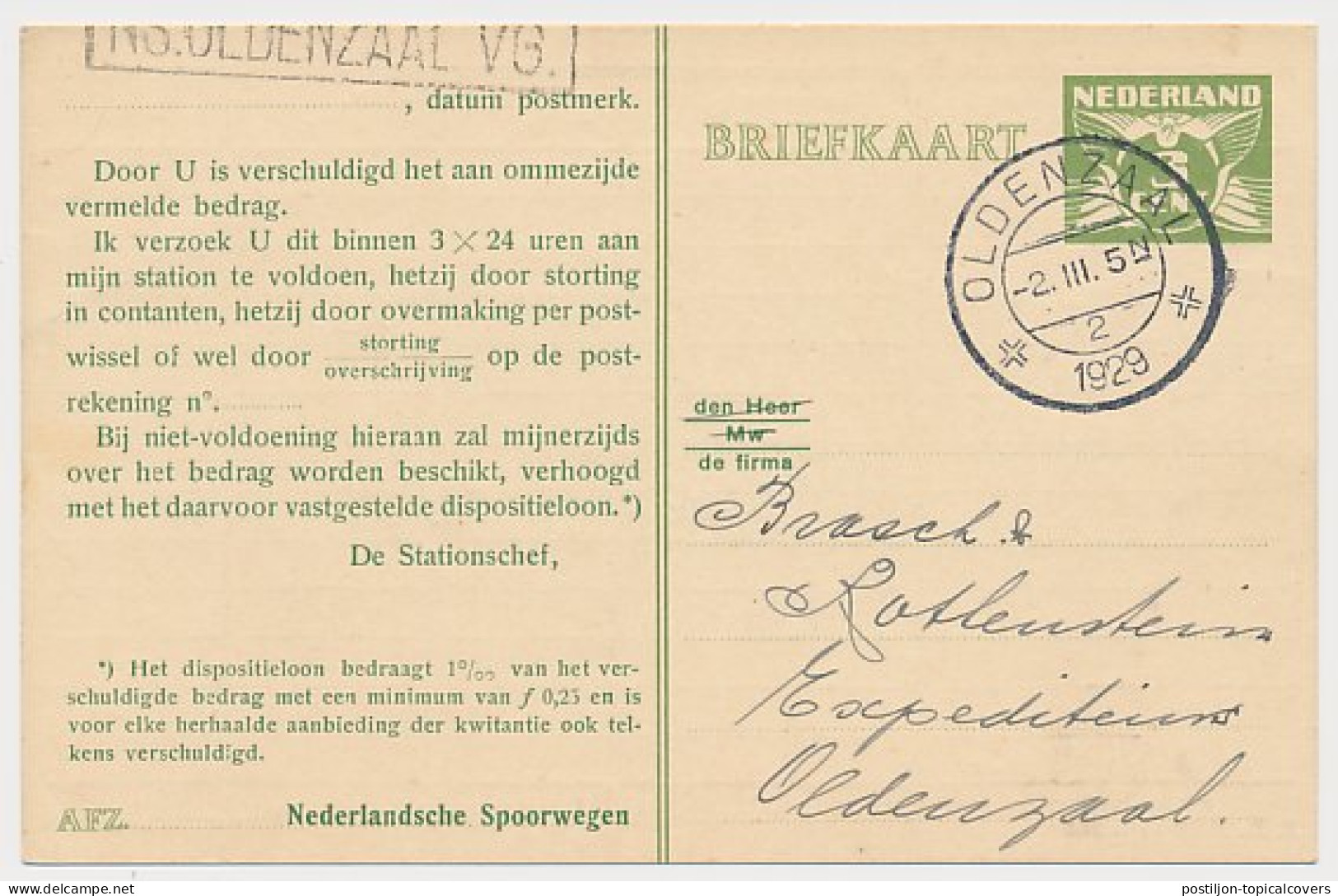 Spoorwegbriefkaart G. NS222 V - Locaal Te Oldenzaal 1929 - Postwaardestukken