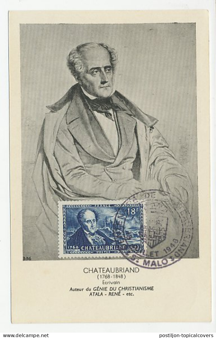 Maximum Card France 1948 Francois Rene De Chateaubriand - The Genius Of Christianity  - Ecrivains