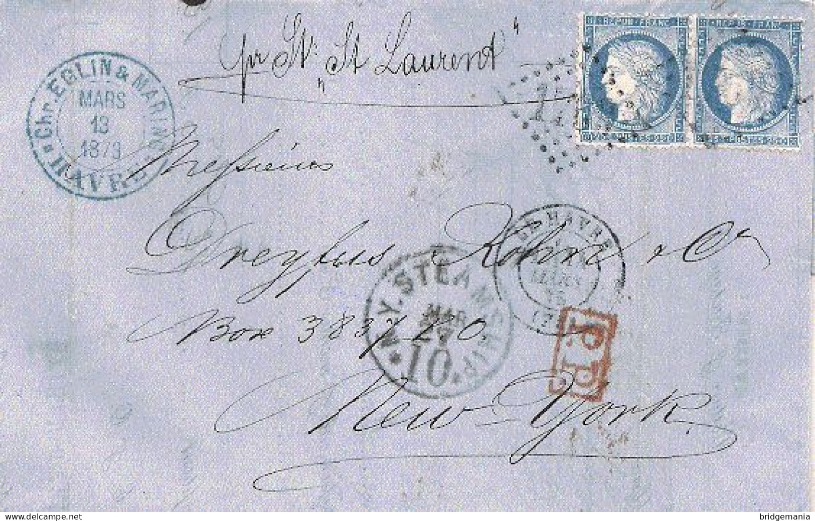 MTM155 - 1873 TRANSATLANTIC LETTER FRANCE TO USA Steamer ST. LAURENT THE FRENCH LINE - DIRECT MAIL - Poststempel