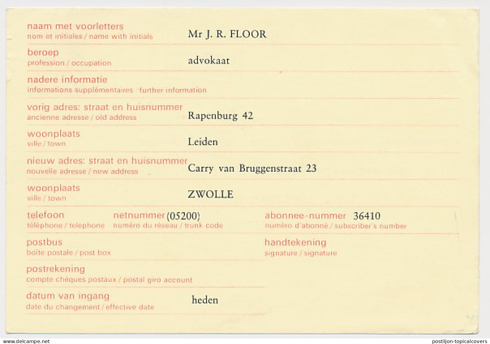 Verhuiskaart G. 38 Particulier Bedrukt Zwolle 1973 - Postwaardestukken