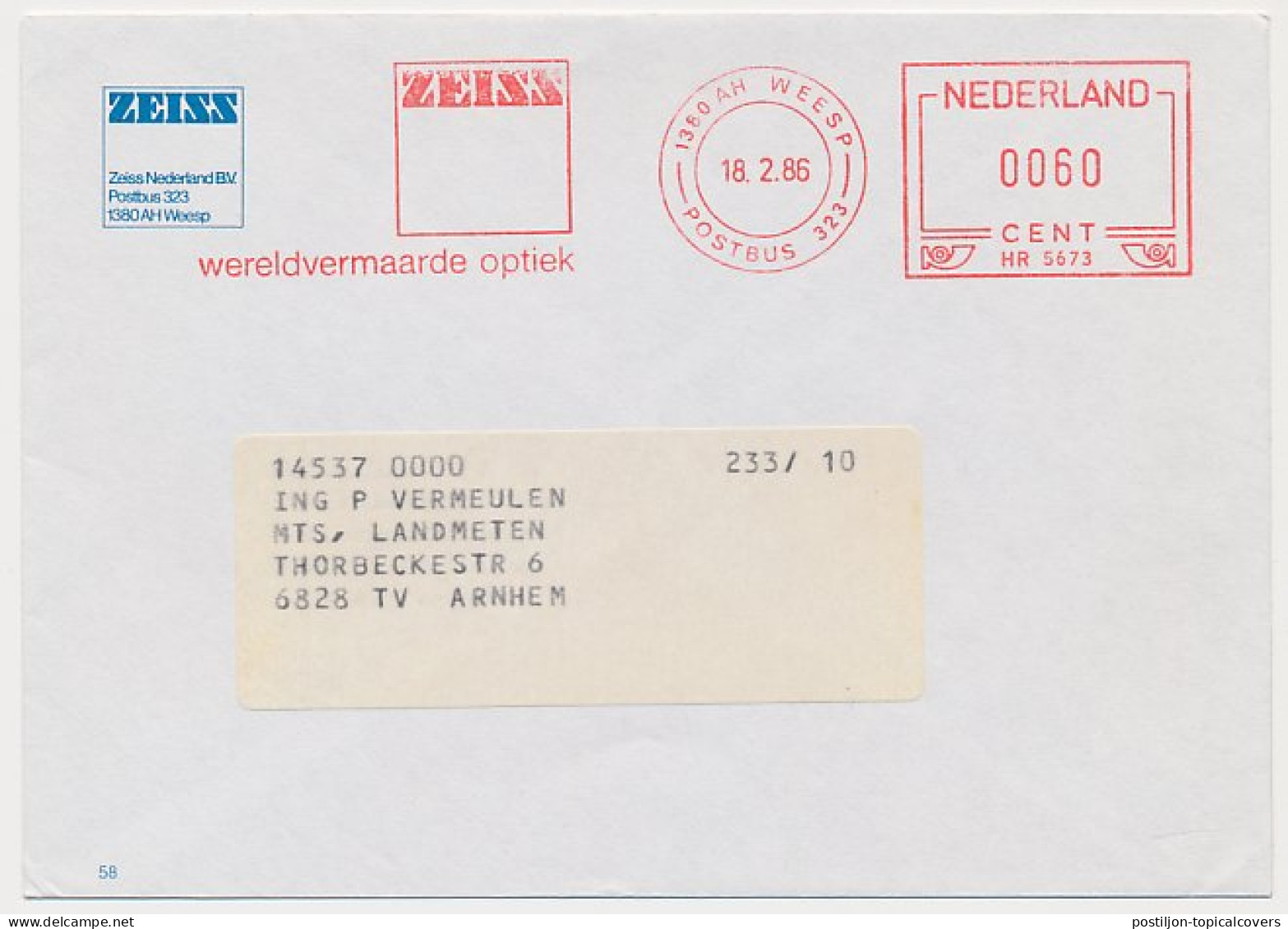 Meter Cover Netherlands 1986 Zeiss Optics - Andere & Zonder Classificatie