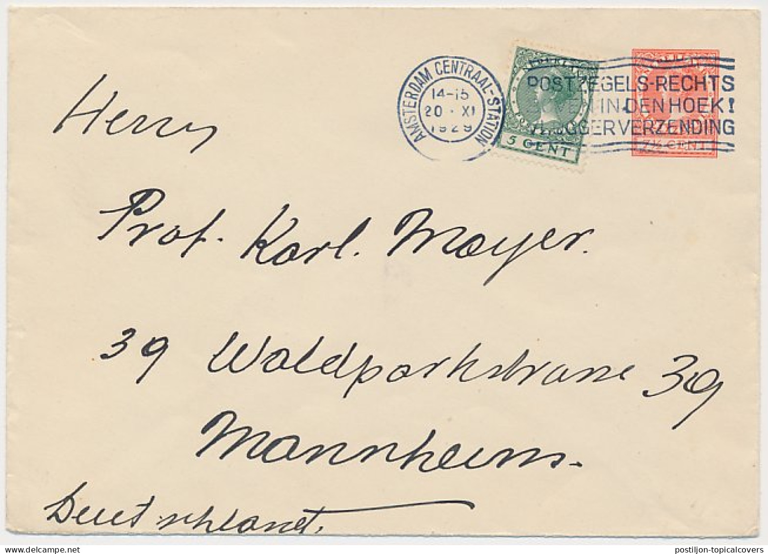 Envelop G. 22 / Bijfrankering Amsterdam - Duitsland 1929 - Postwaardestukken