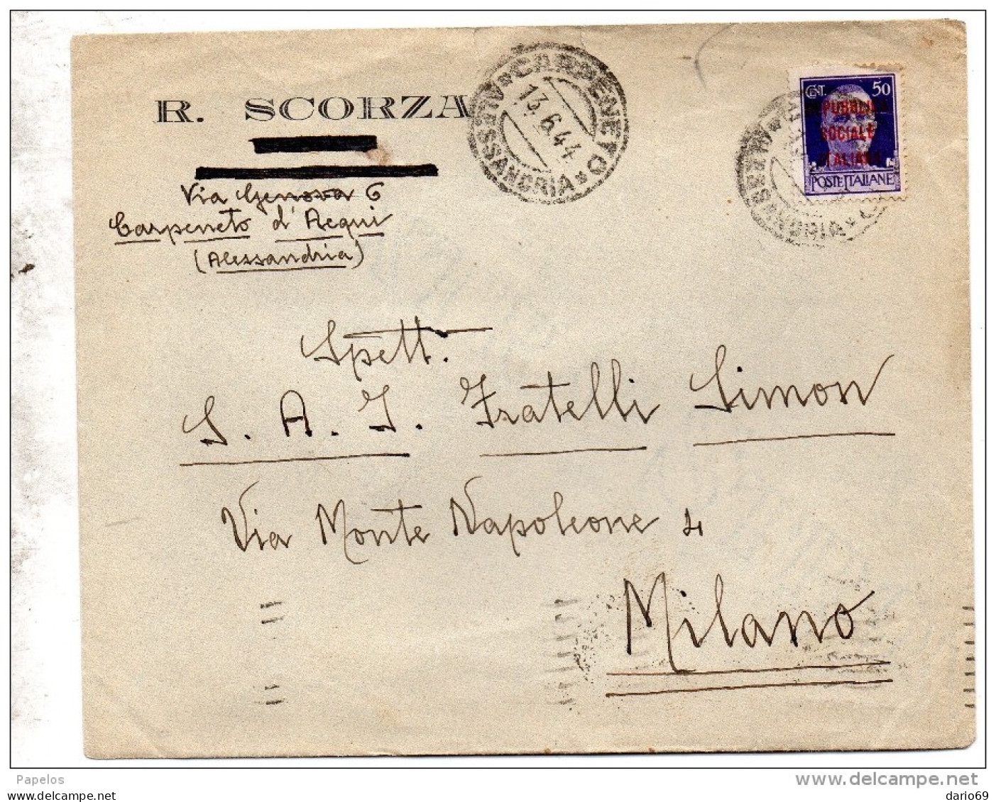 1944 LETTERA  CON ANNULLO CARPENETO ALESSANDRIA - Storia Postale