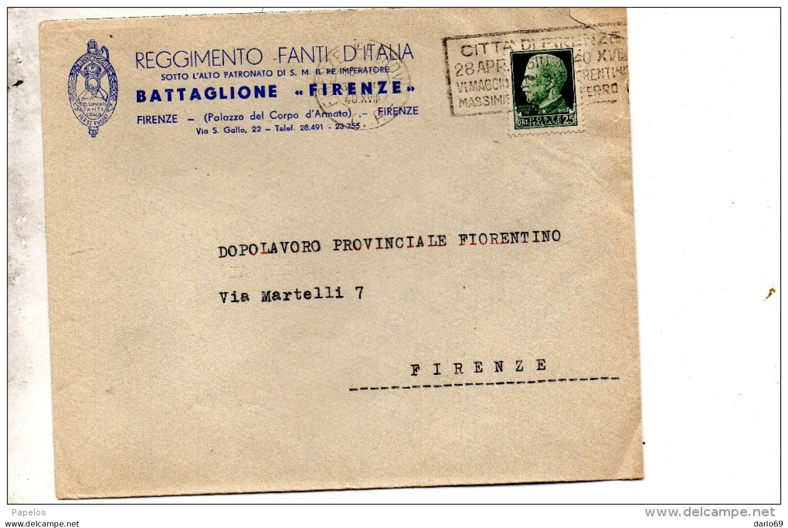 1940 LETTERA REGGIMENTO FANTI  D'ITALIA - BATTAGLIONE FIRENZE - Marcophilie