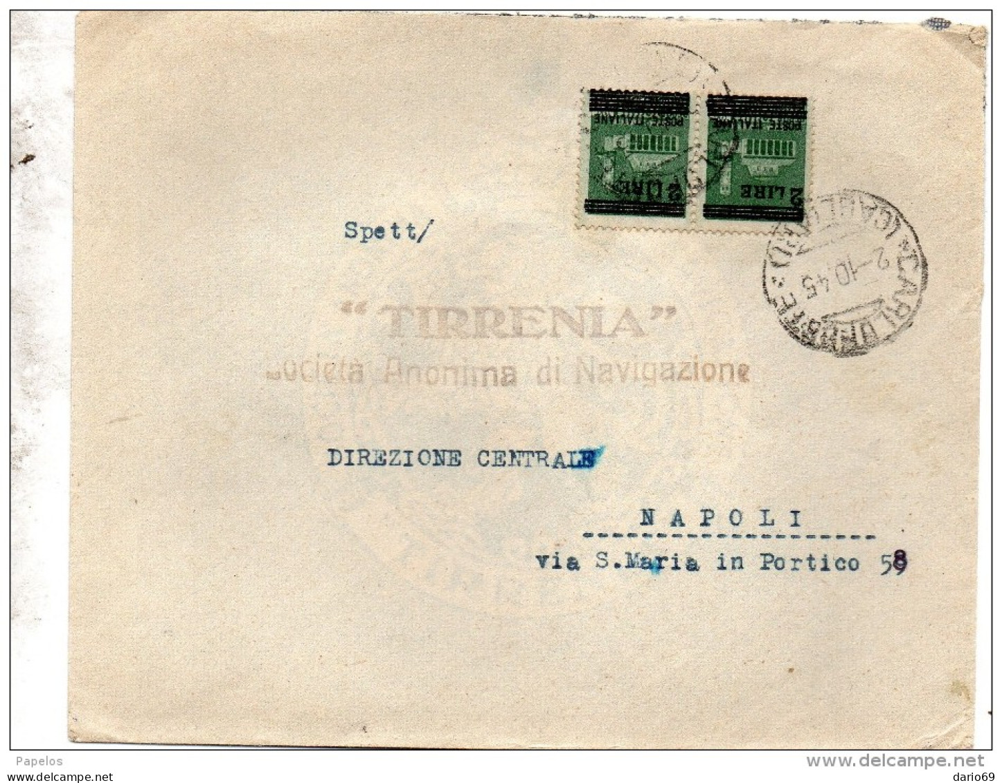 1945    LETTERA INTESTATA TIRRENIA DI NAVIGAZIONE  CON ANNULLO CARLO FORTE CAGLIARI - Marcophilia