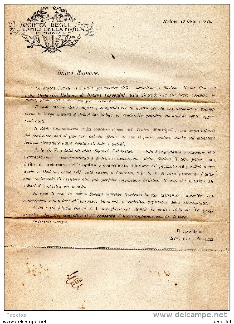 1920 LETTERA INTESTATA  SOCIETÀ DEGLI AMICI DELLA MUSICA CON ANNULLO MODENA - Marcophilie