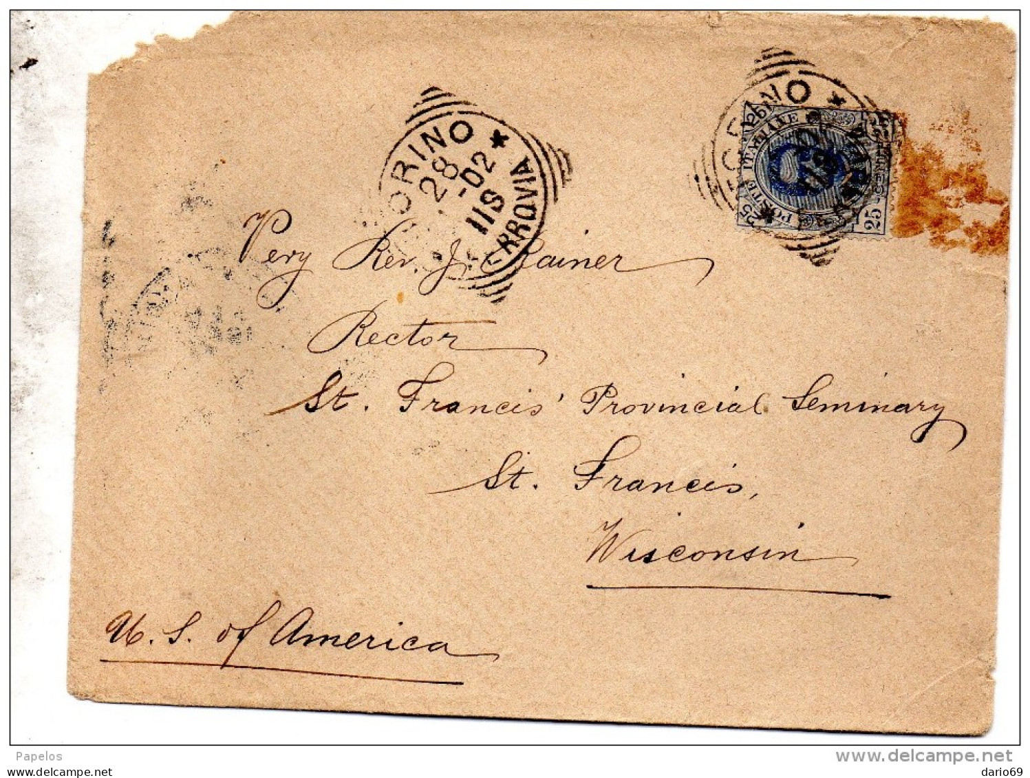 1902 LETTERA CON ANNULLO TORINO X      U.S.A - Storia Postale