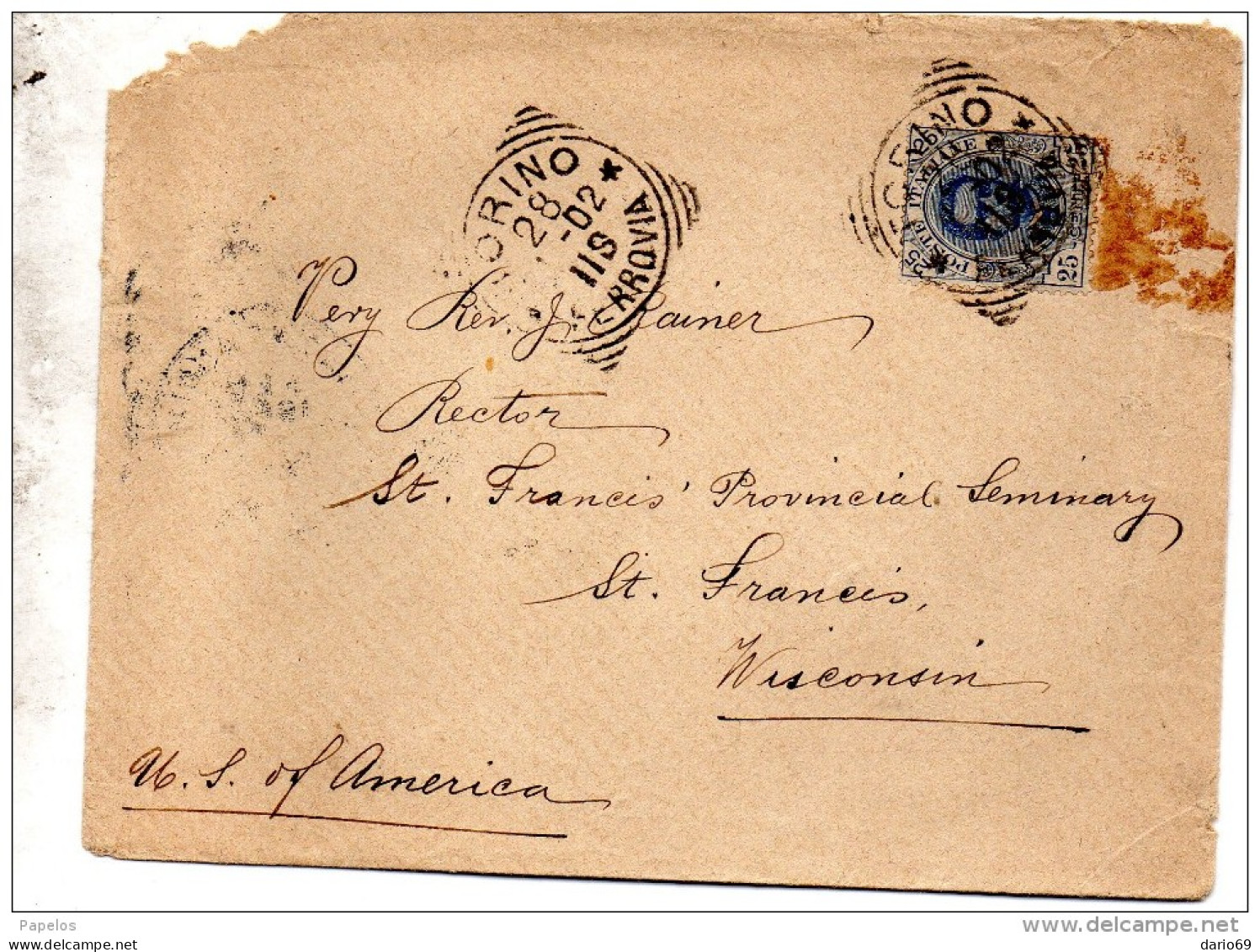 1902 LETTERA CON ANNULLO TORINO X      U.S.A - Marcophilie