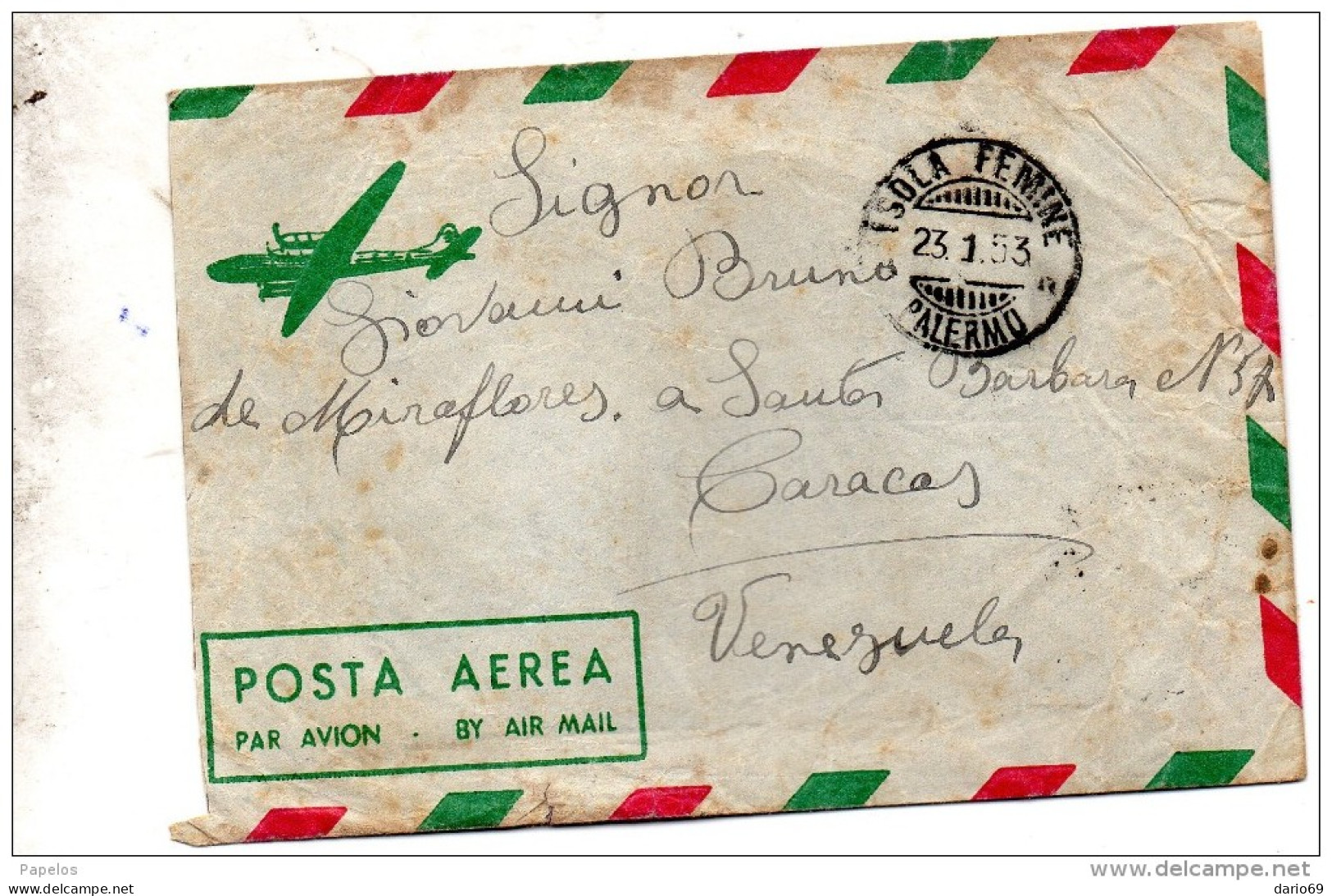 1953  LETTERA CON ANNULLO ISOLA FEMINE PALERMO - Poste Aérienne
