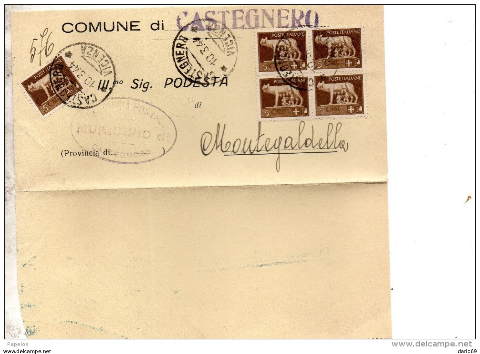 1944 LETTERA CON ANNULLO CASTAGNERO VICENZA  QUARTINA - Poststempel