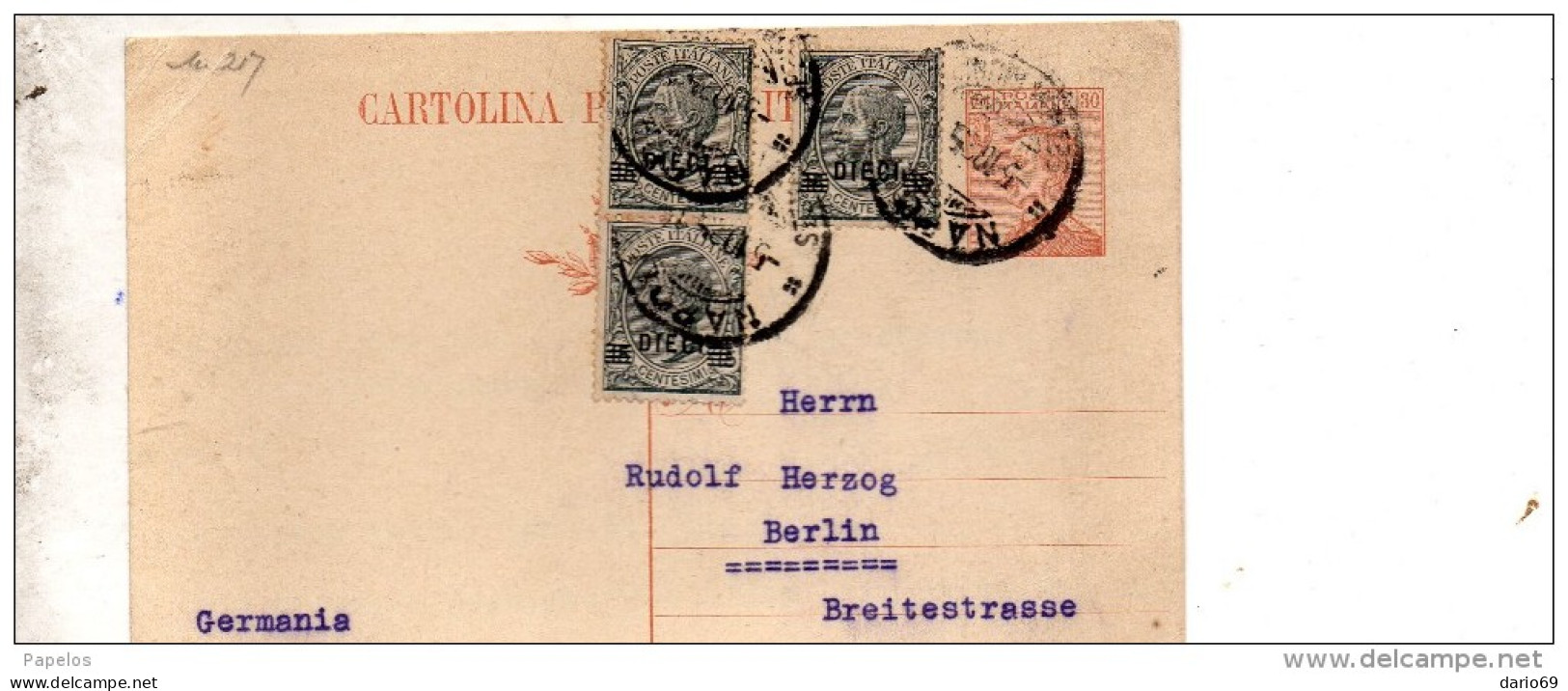 1925 CARTOLINA CON ANNULLO NAPOLI X BERLINO - Stamped Stationery