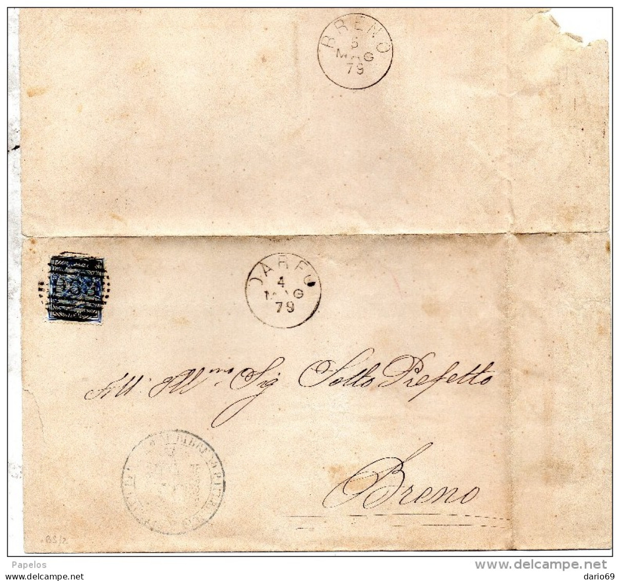 1879 LETTERA CON ANNULLO NUMERALE DARFO BRESCIA + BRENO - Marcophilie