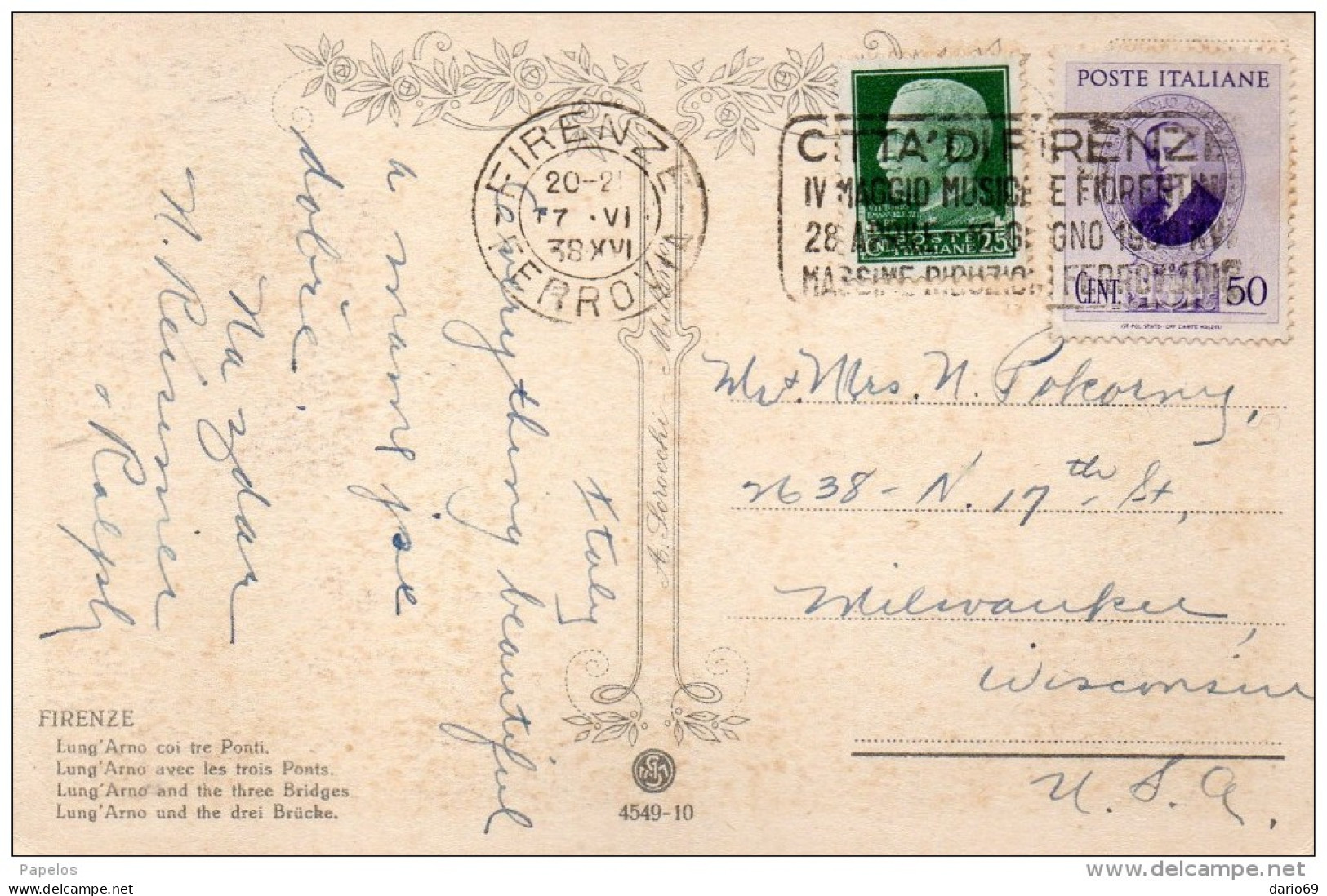 1938 CARTOLINA CON ANNULLO FIRENZE X    U.S.A - Poststempel