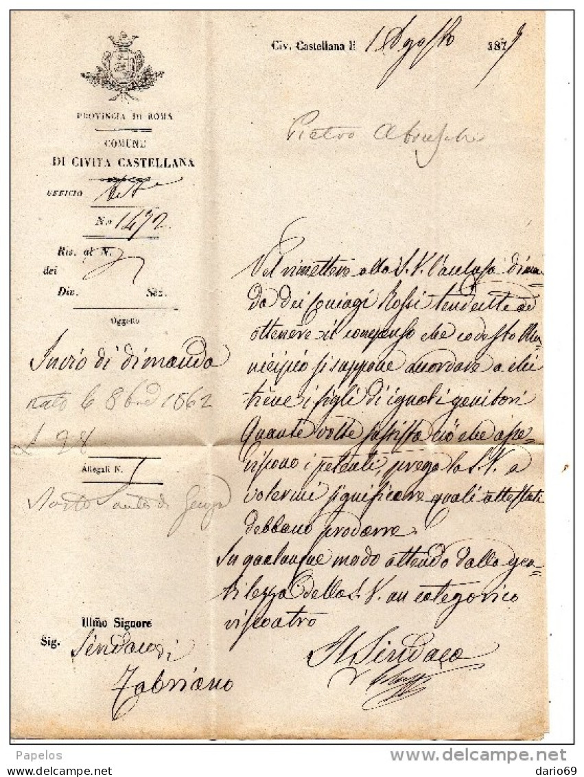 1877 LETTERA CON ANNULLO NUMERALE CIVITA CASTELLANA ROMA - Marcofilía