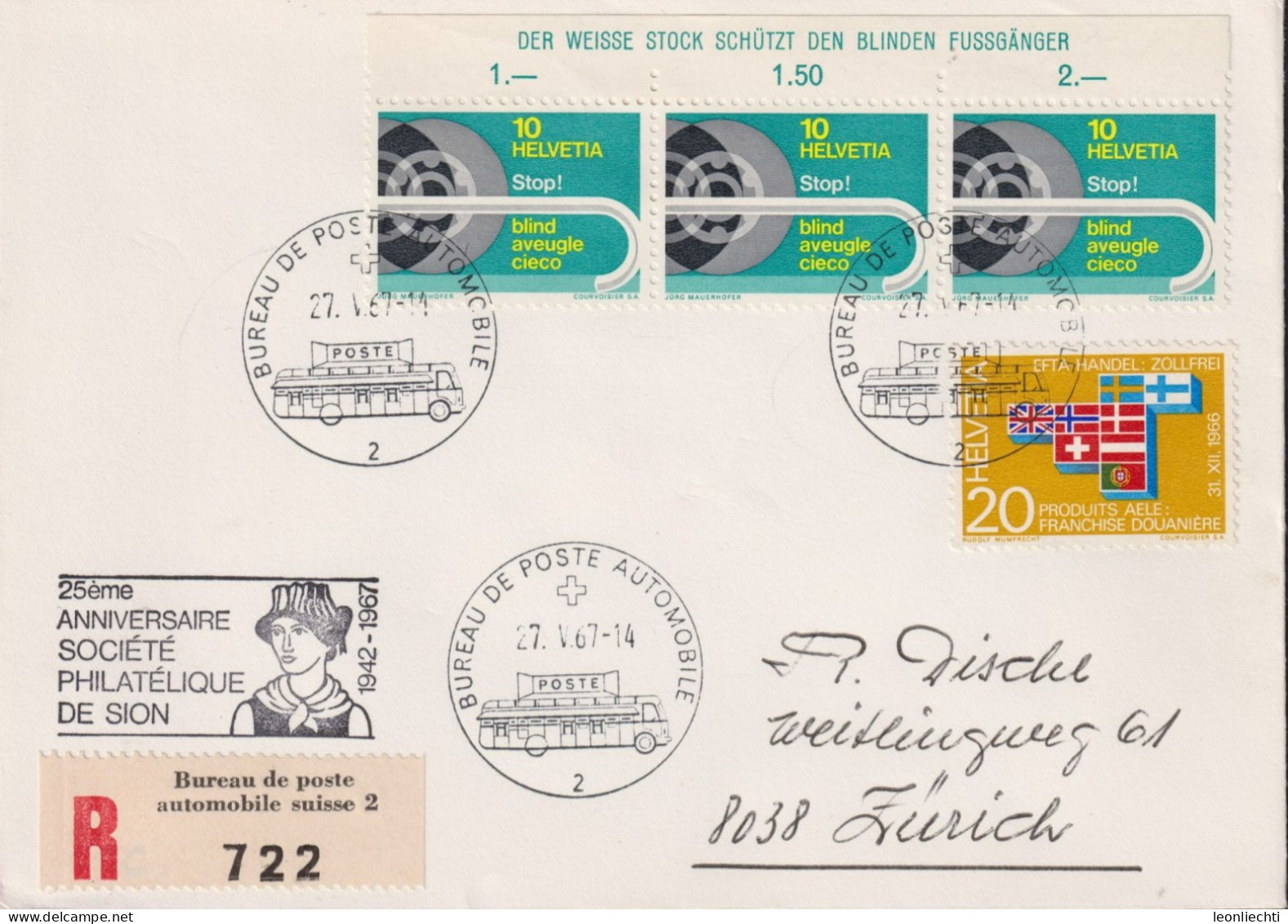 1967 Schweiz R-Brief, Zum:CH 446+447, Mi:CH: 851+852, 25ème ANNIVERSAIRE SOCIÉTÉ PHILATÉLIQUE DE SION - Lettres & Documents