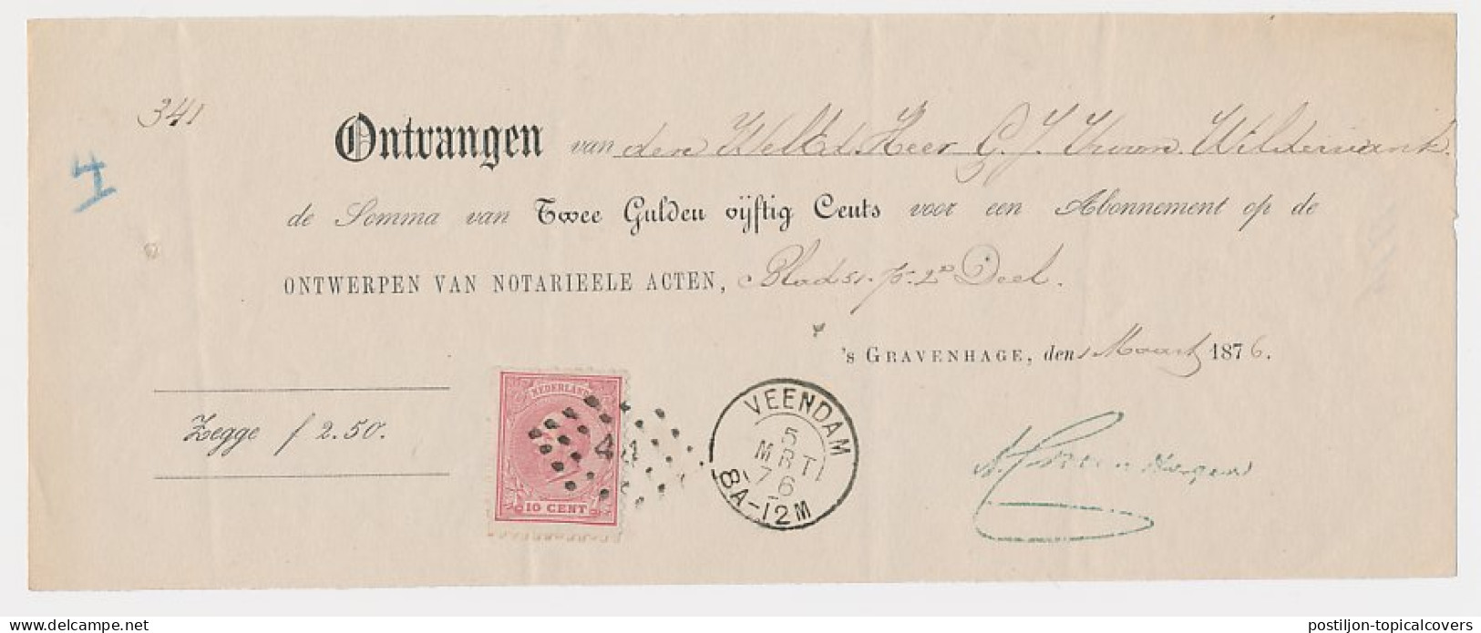 Em. 1872 Den Haag - Veendam - Wildervank - Kwitantie - Non Classés