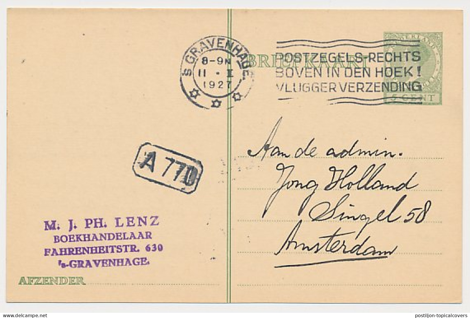 Briefkaart G. 216 Den Haag - Amsterdam 1927 - Postwaardestukken
