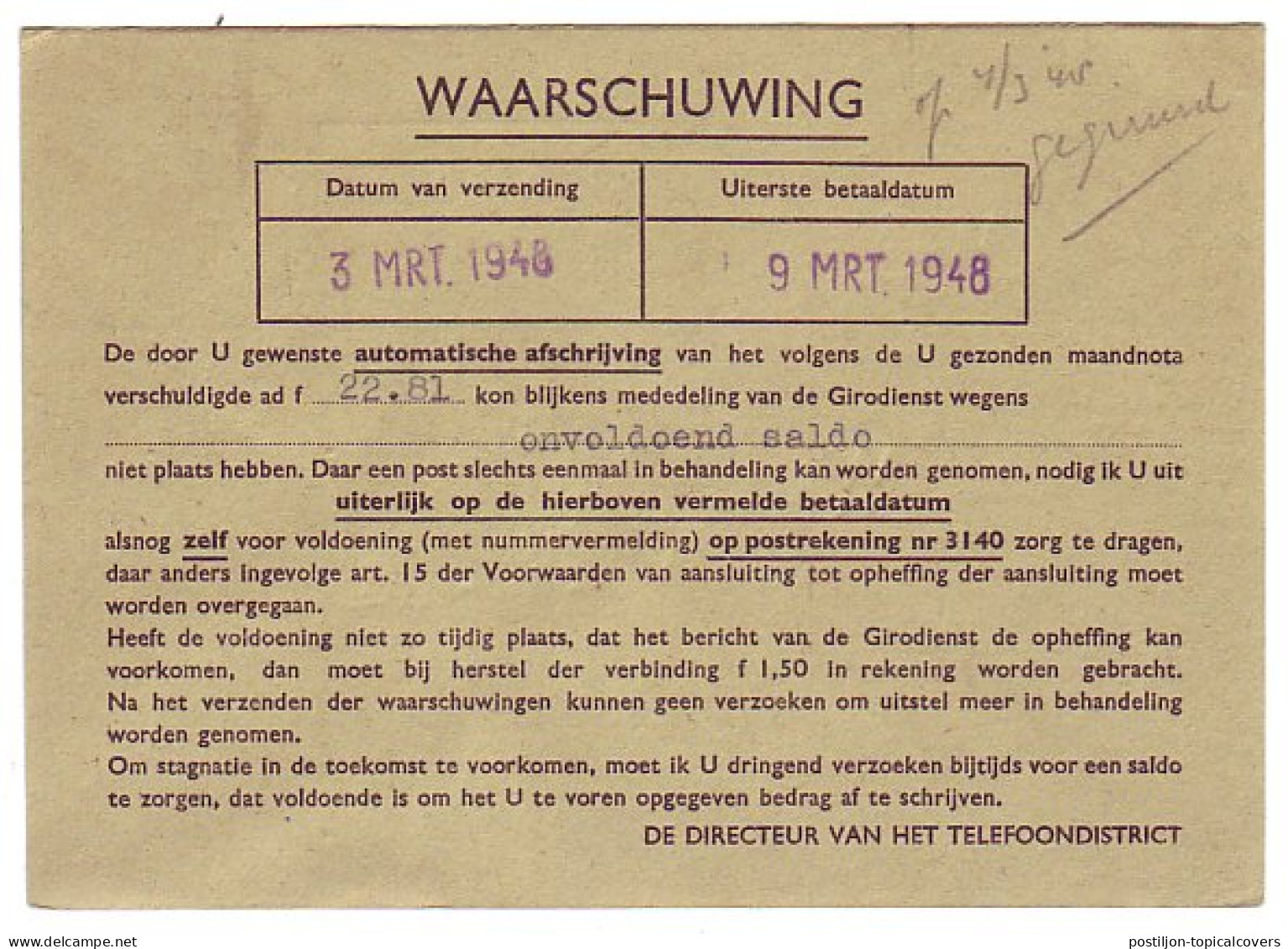 Dienst PTT - Waarschuwing - Groningen 1948 - Non Classés