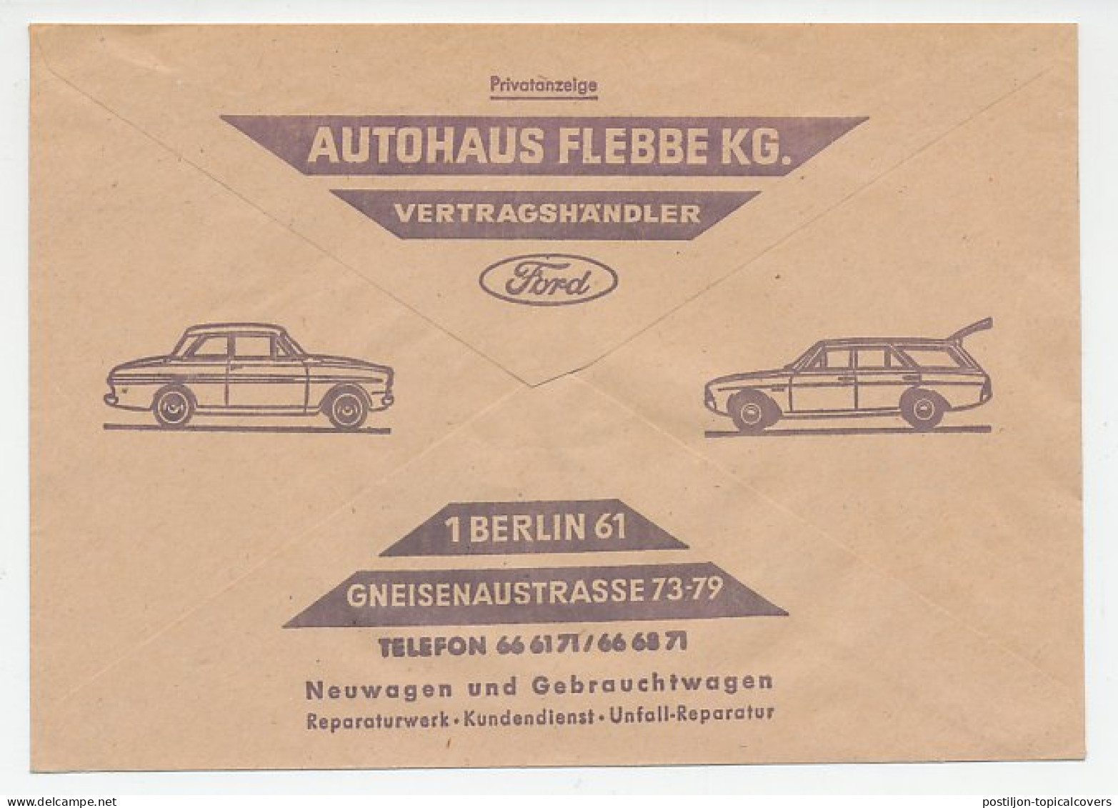 Postal Cheque Cover Germany 1966 Car - Ford - Cars