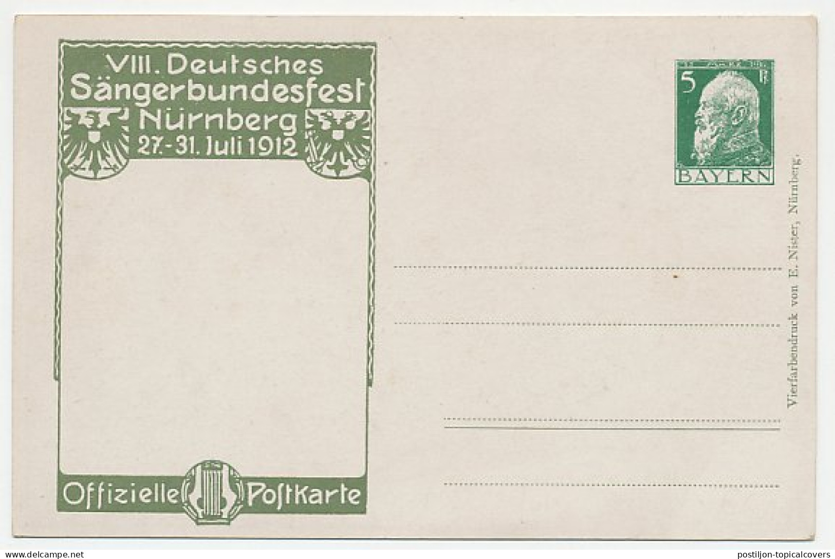 Postal Stationery Bayern 1912 Vocalist Fest Nurnberg - Lute - String Instrument - Muziek