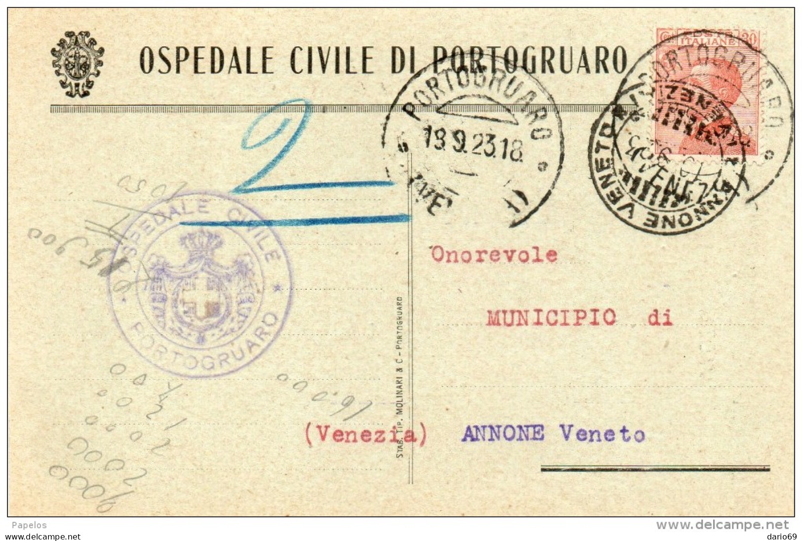 1923 CARTOLINA   CON ANNULLO  PORTOGRUARO VENEZIA - Poststempel