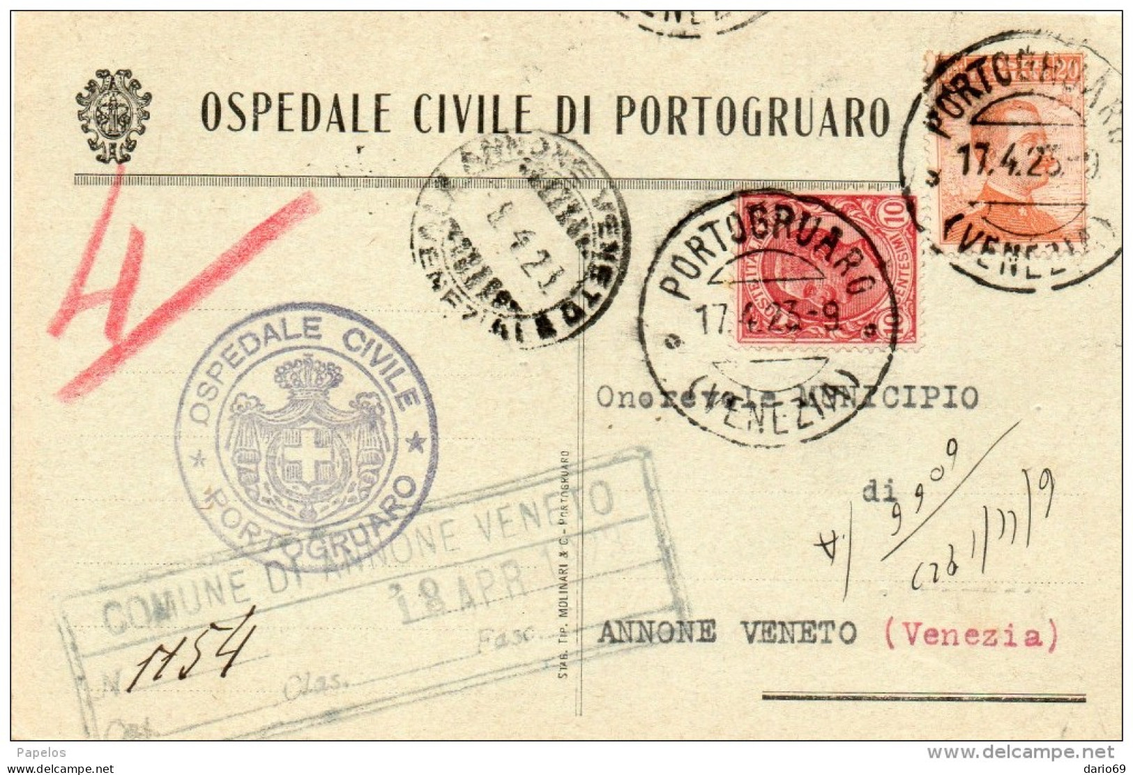 1923 CARTOLINA   CON ANNULLO  PORTOGRUARO VENEZIA - Marcophilie