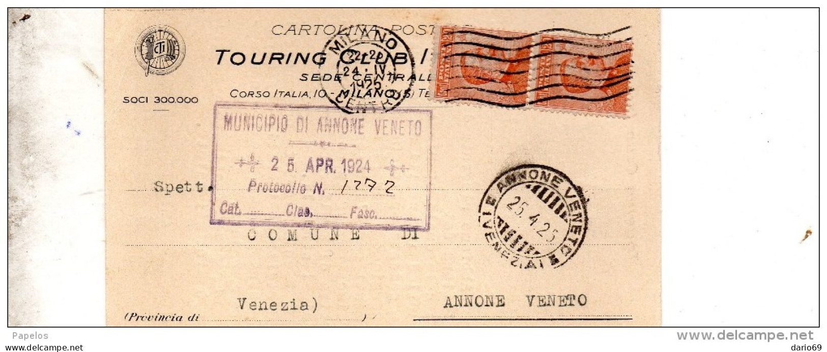 1925 CARTOLINA INTESTATA TOURING CLUB CON ANNULLO MILANO + ANNONE VENETO VENEZIA - Marcophilie