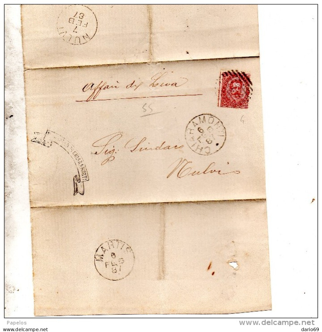 1887  LETTERA CON ANNULLO NUMERALE CHIARAMONTI SASSARI + NULVI - Storia Postale