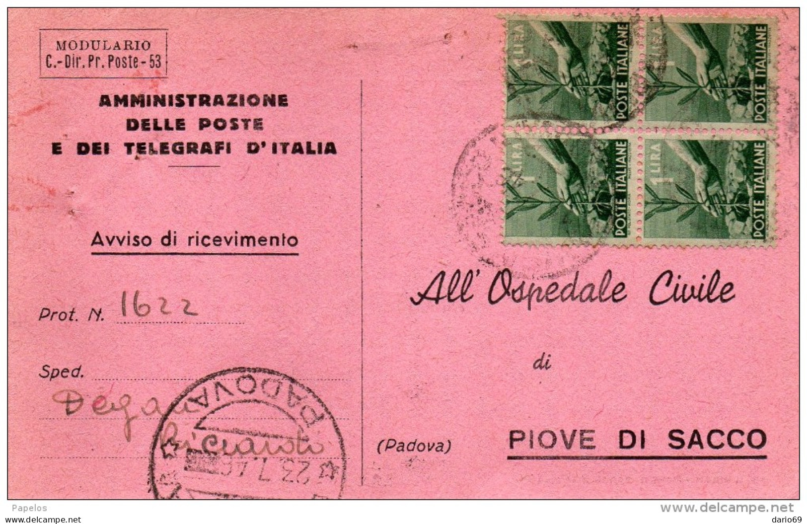 1946 RICEVUTA DI RITORNO  CON ANNULLO PIOVE DI SACCO PADOVA - 1946-60: Marcophilie