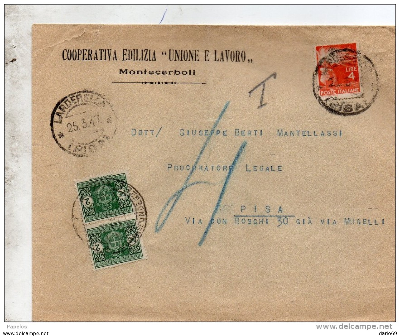 1947  LETTERA CON ANNULLO LARDERELLO  PISA - 1946-60: Poststempel