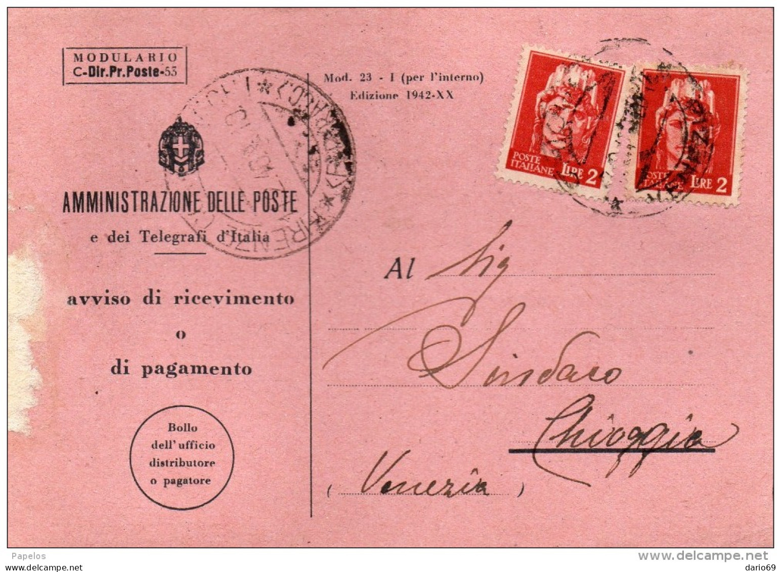 1946 RICEVUTA DI RITORNO  CON ANNULLO FIRENZE - Marcofilía