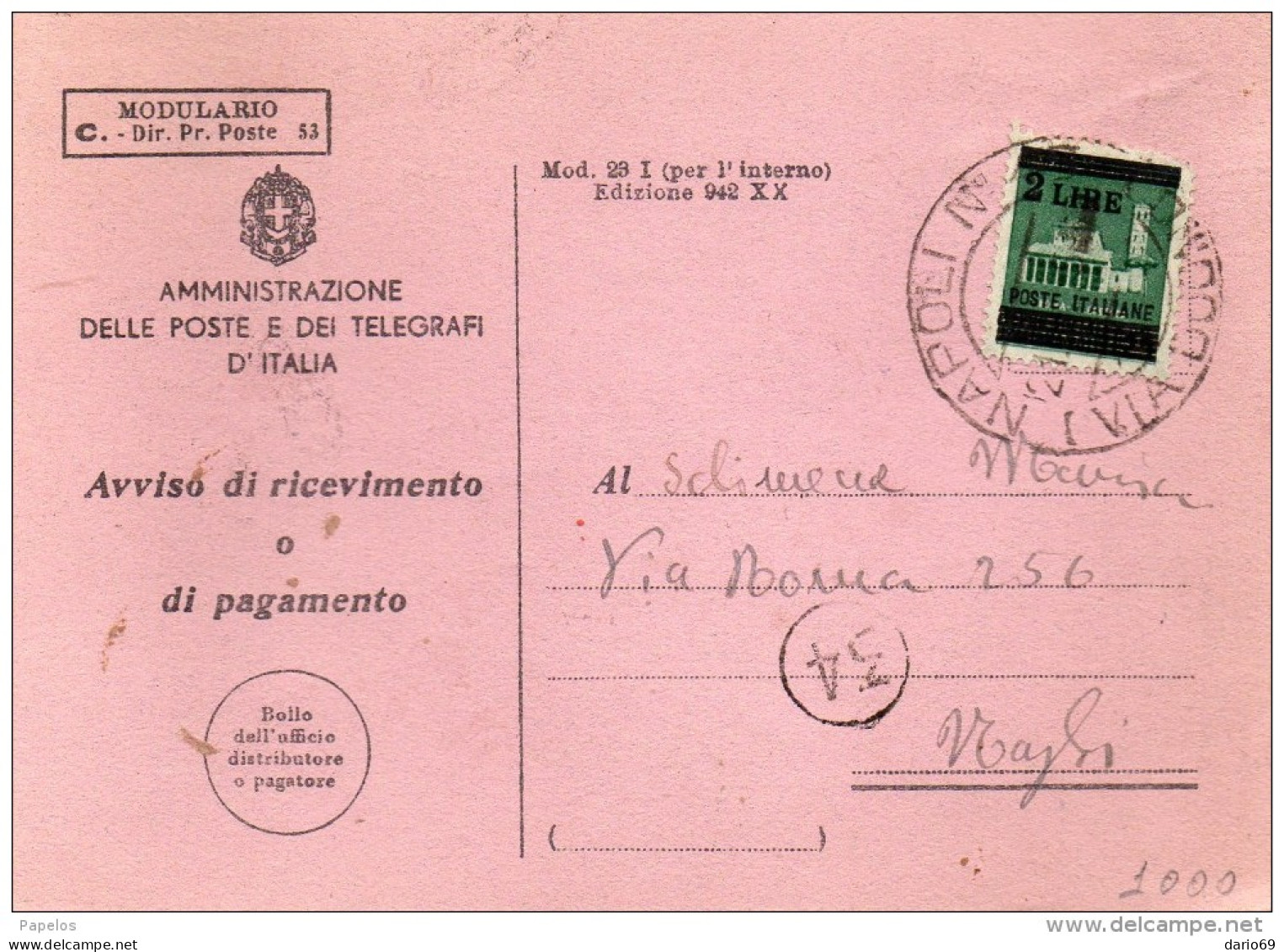 1945 RICEVUTA DI RITORNO  CON ANNULLO NAPOLI - Storia Postale