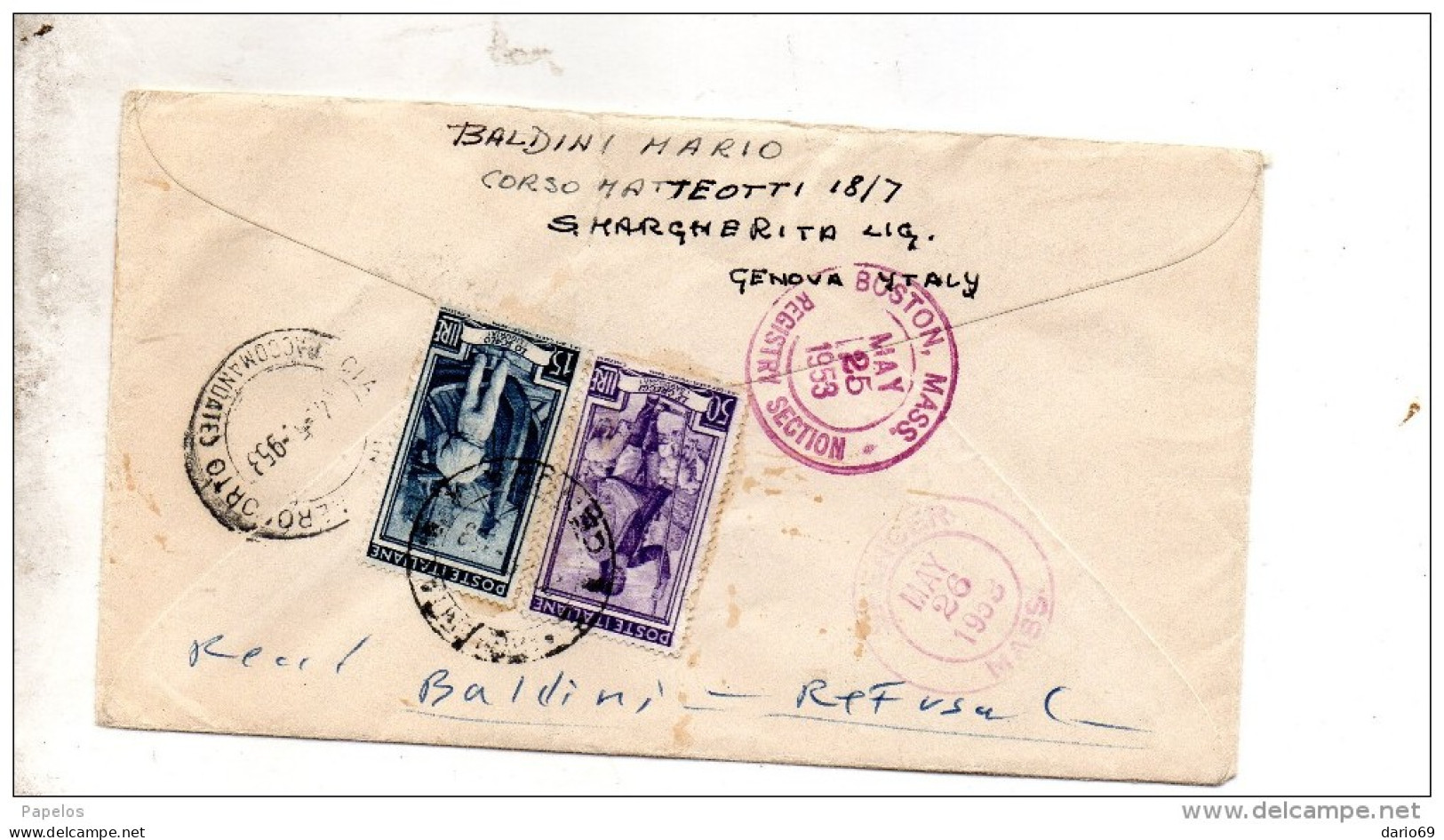 1953 LETTERA RACCOMANDATA CON ANNULLO S. MARGHERITA LIGURE GENOVA  PER U.S.A. VIA AEREA - 1946-60: Poststempel