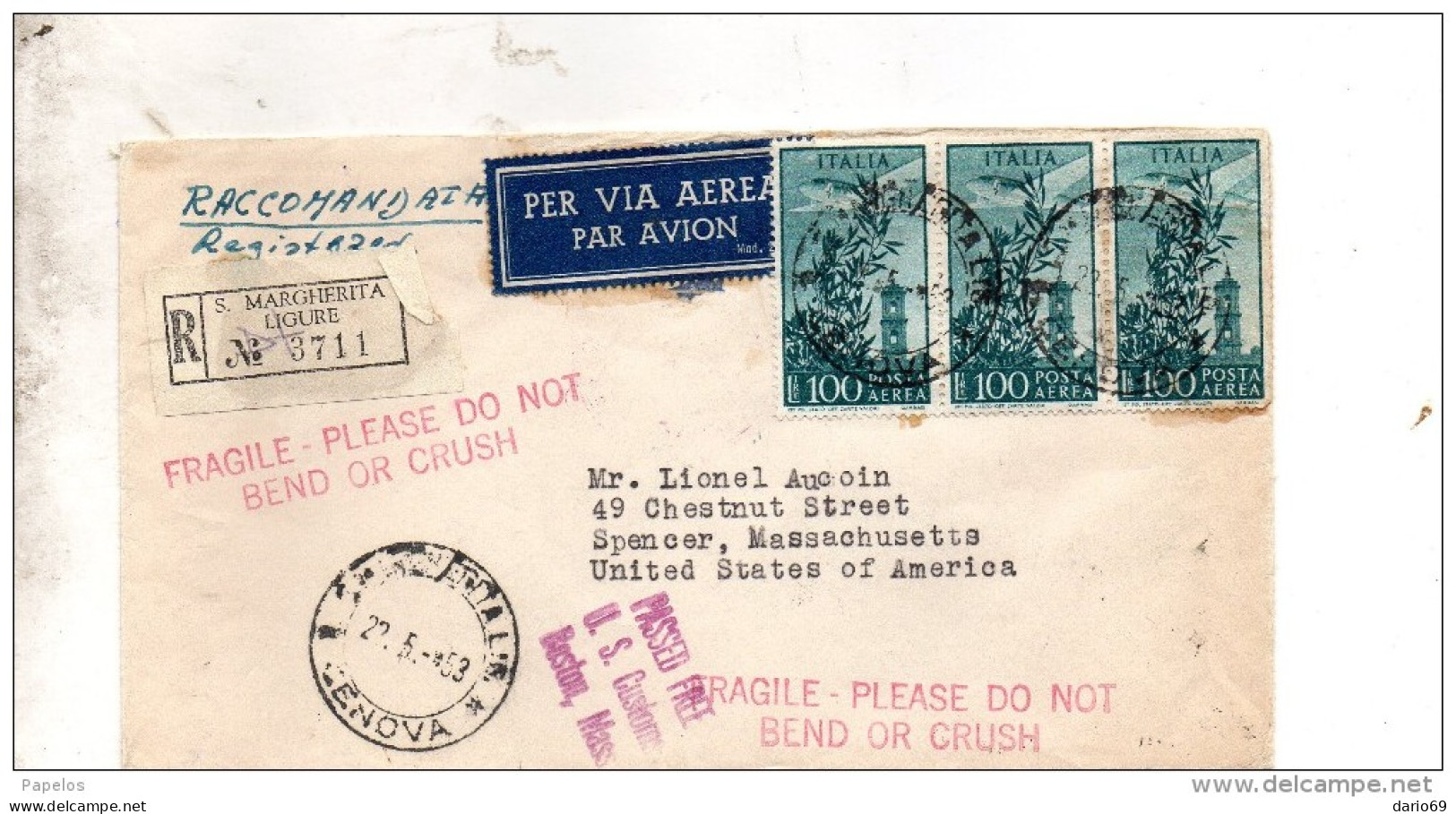 1953 LETTERA RACCOMANDATA CON ANNULLO S. MARGHERITA LIGURE GENOVA  PER U.S.A. VIA AEREA - 1946-60: Marcophilia