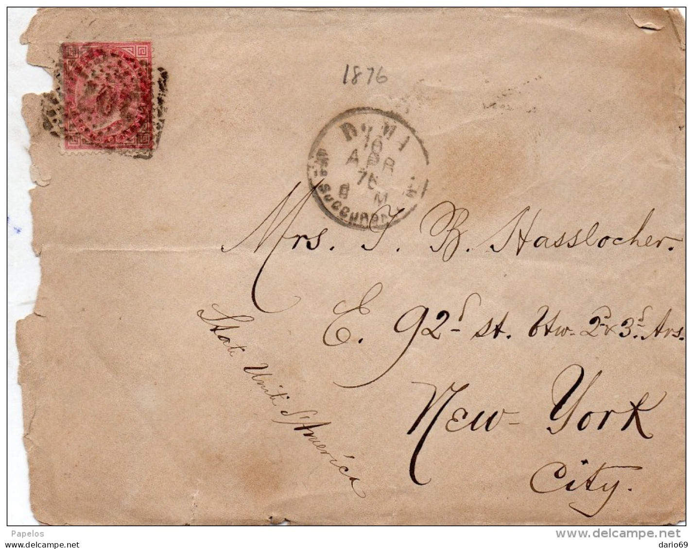 1876  LETTERA CON ANNULLO ROMA SUCCURSALE   +     NEW YORK IN ROSSO - Poststempel