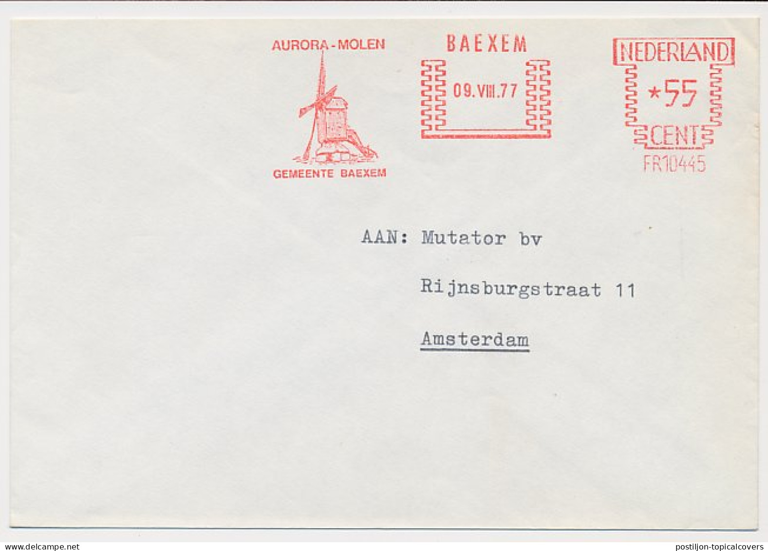 Meter Cover Netherlands 1977 Windmill - Aurora - Baexem - Molens